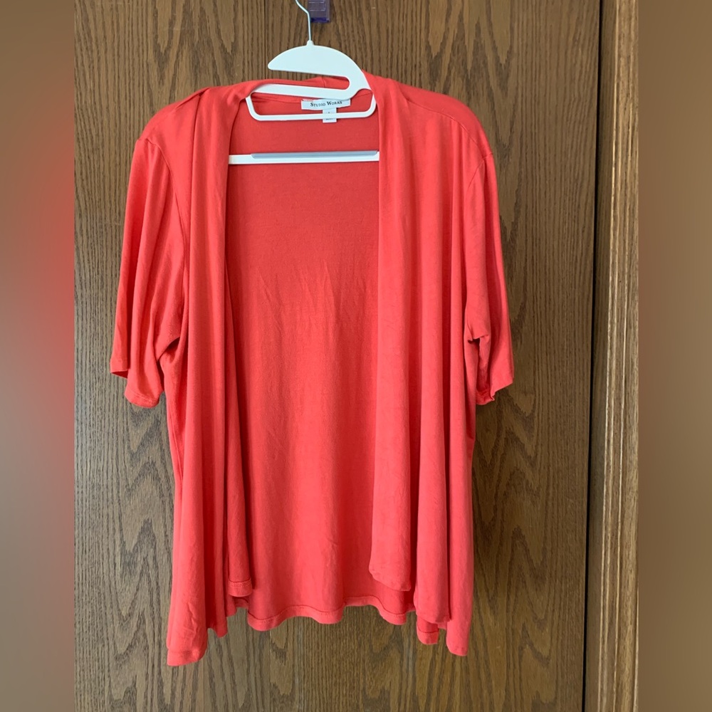 Studio Works Lightweight Short Sleeve Open Cardigan Size L Coral